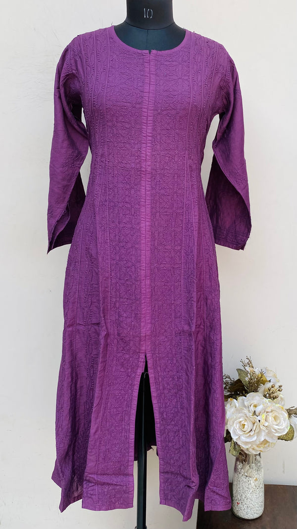 Lucknowi Chikankari Anarkali Kurti Purple Mal Chanderi With Self Work