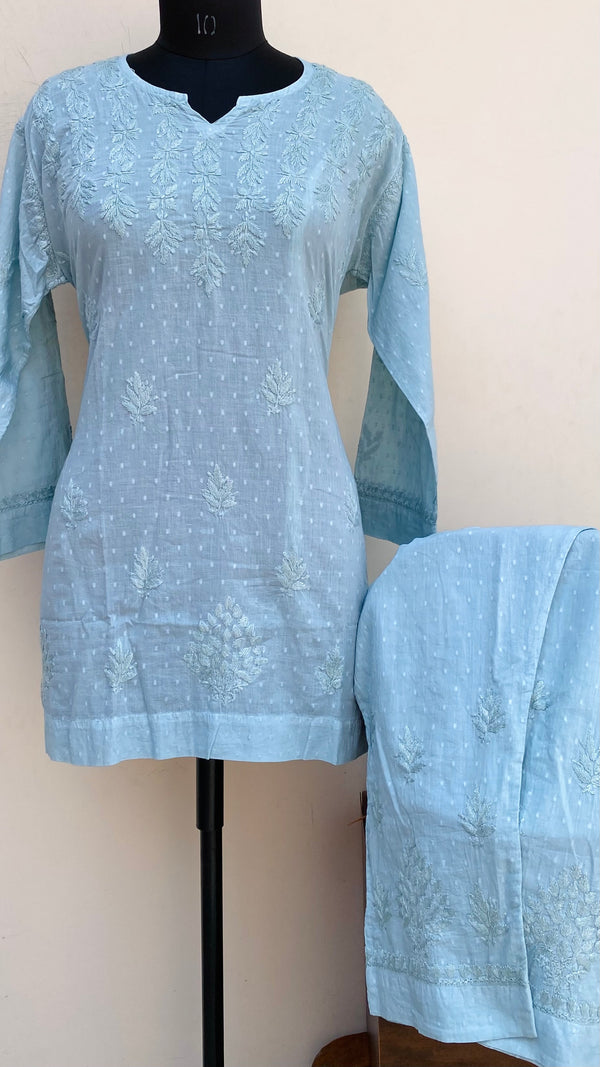 Lucknowi Chikankari Co-ord Set Aqua Blue Mulmul Cotton With Self Work