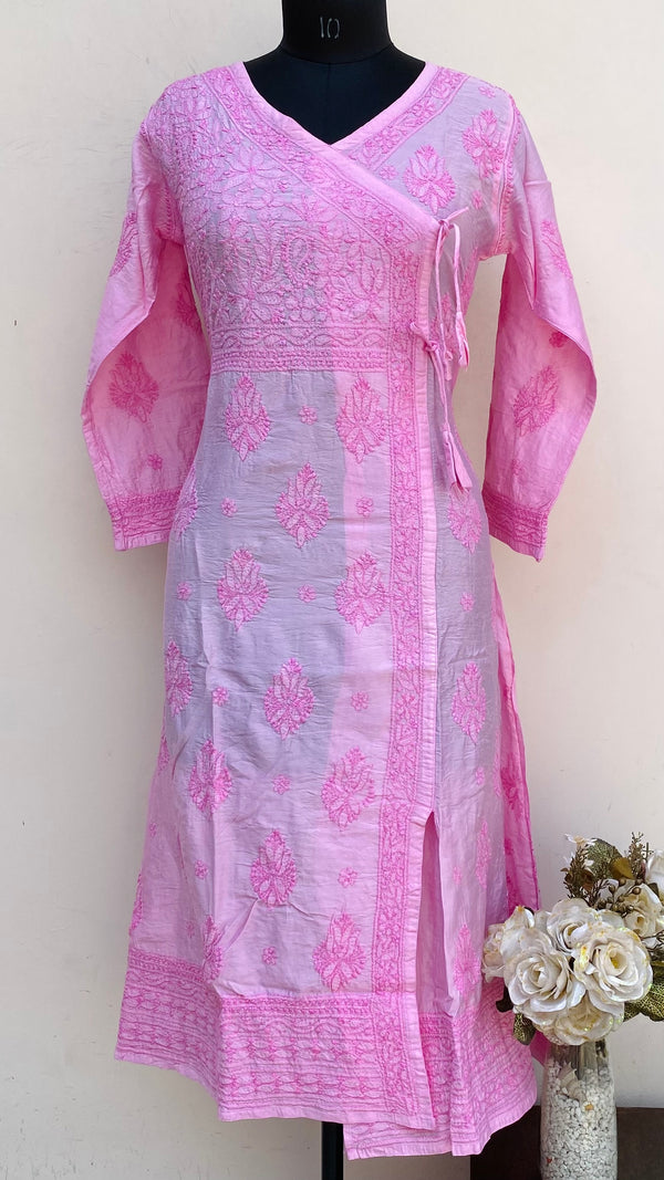 Lucknowi Chikankari Angrakha Kurti Pink Mal Chanderi With Self Work