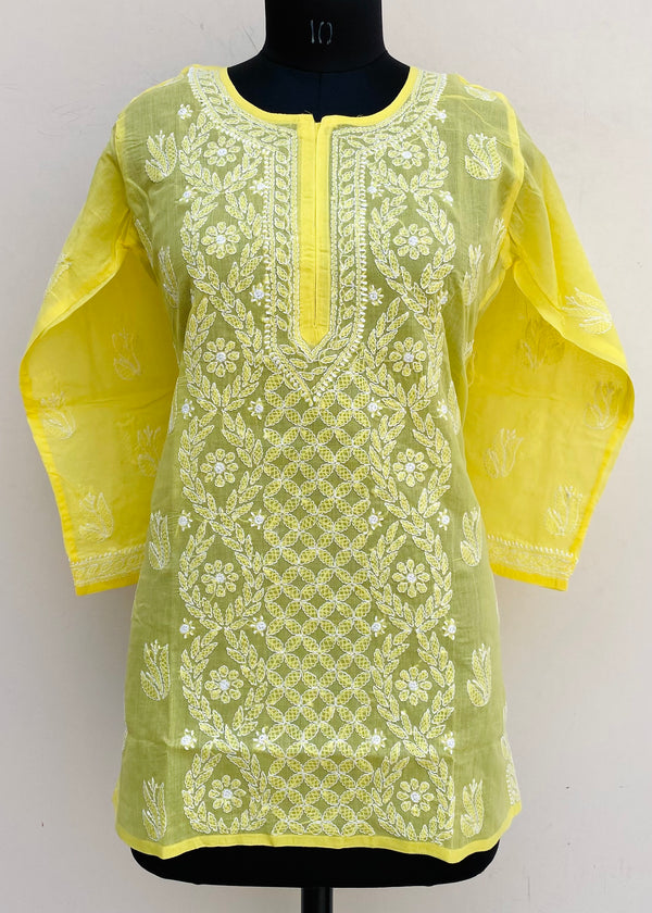 Lucknowi Chikankari Short Kurti Yellow Cotton