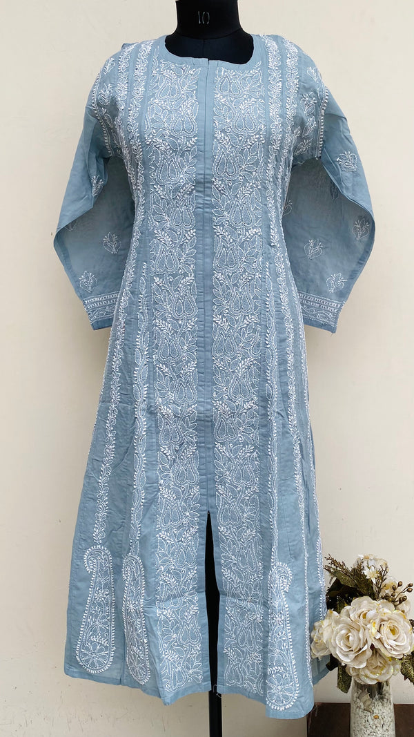 Lucknowi Chikankari Anarkali Kurti Gray Cotton