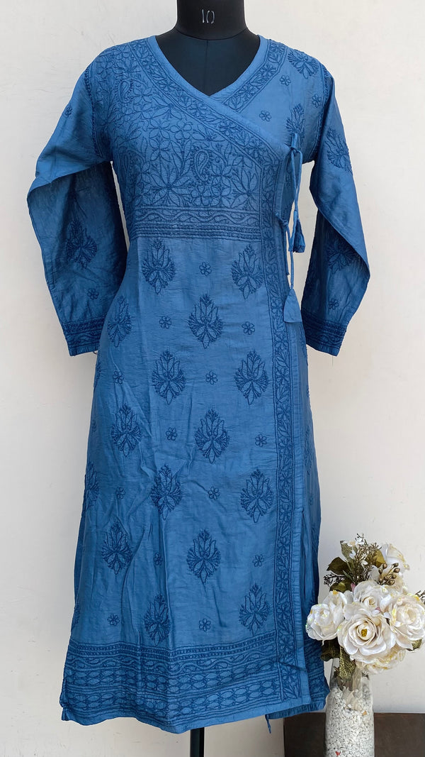 Lucknowi Chikankari Angrakha Kurti Navy Blue Mal Chanderi With Self Work