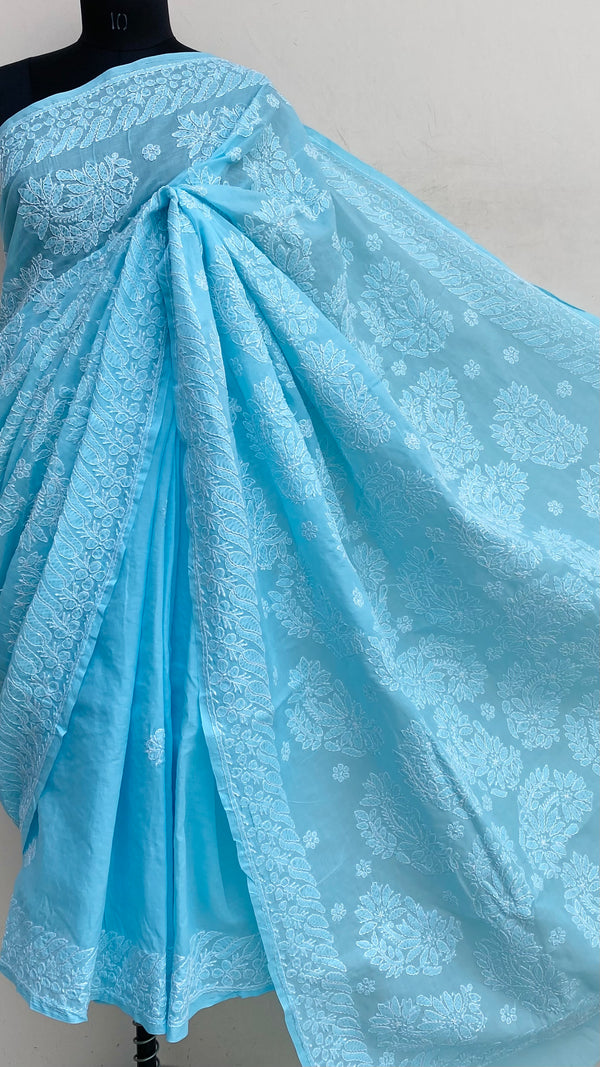 Lucknowi Chikankari Saree Blue Cotton