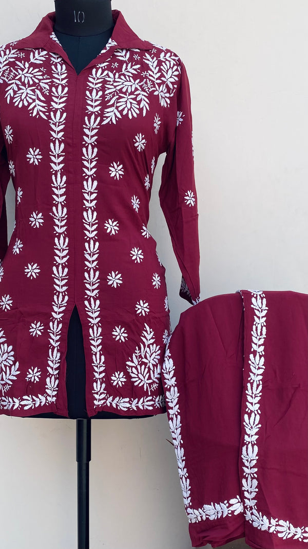 Lucknowi Chikankari Co-ord Set Maroon Muslin Cotton