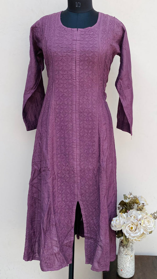 Lucknowi Chikankari Anarkali Kurti Purple Mal Chanderi With Self Work