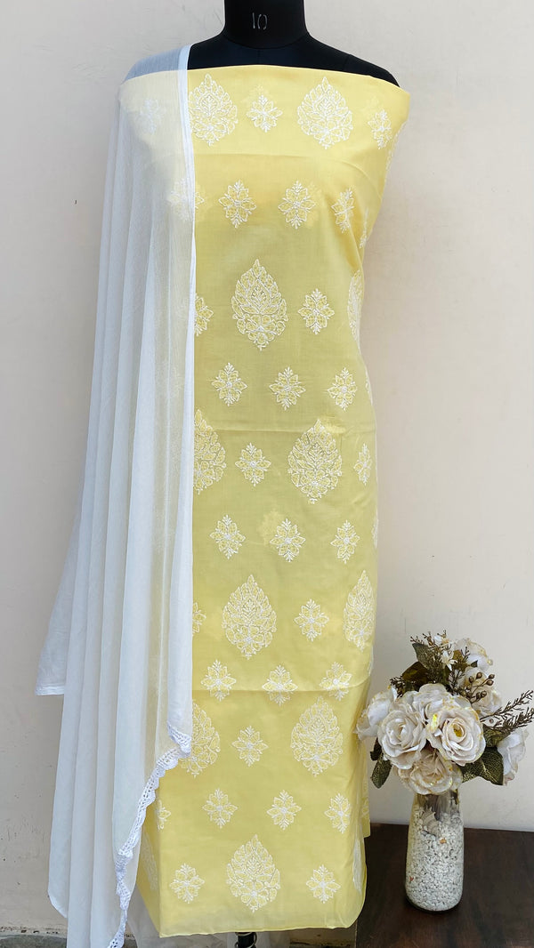 Lucknowi Chikankari Suit Length 3 Piece Yellow Cotton