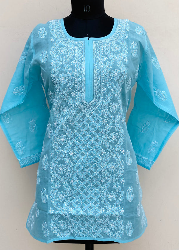 Lucknowi Chikankari Short Kurti Blue Cotton