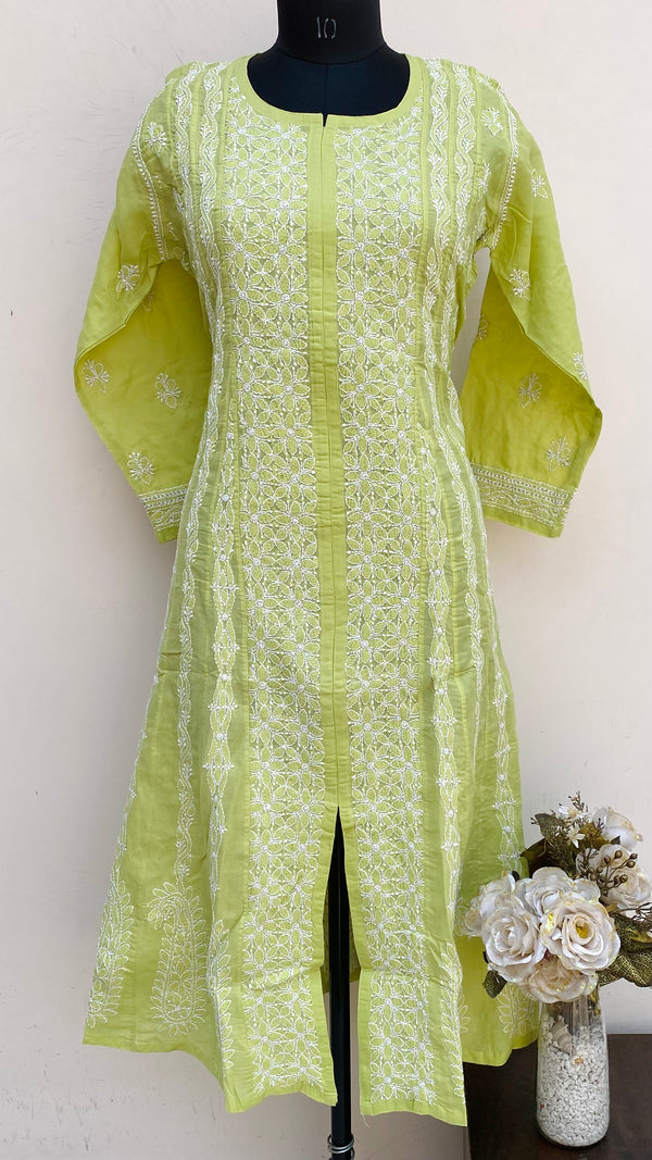 Lucknowi Chikankari Anarkali Kurti Parrot Green Cotton