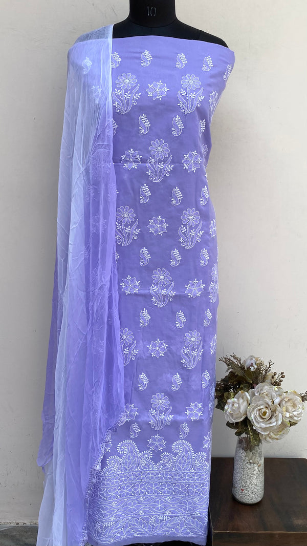 Lucknowi Chikankari Suit Length 3 Piece Purple Cotton