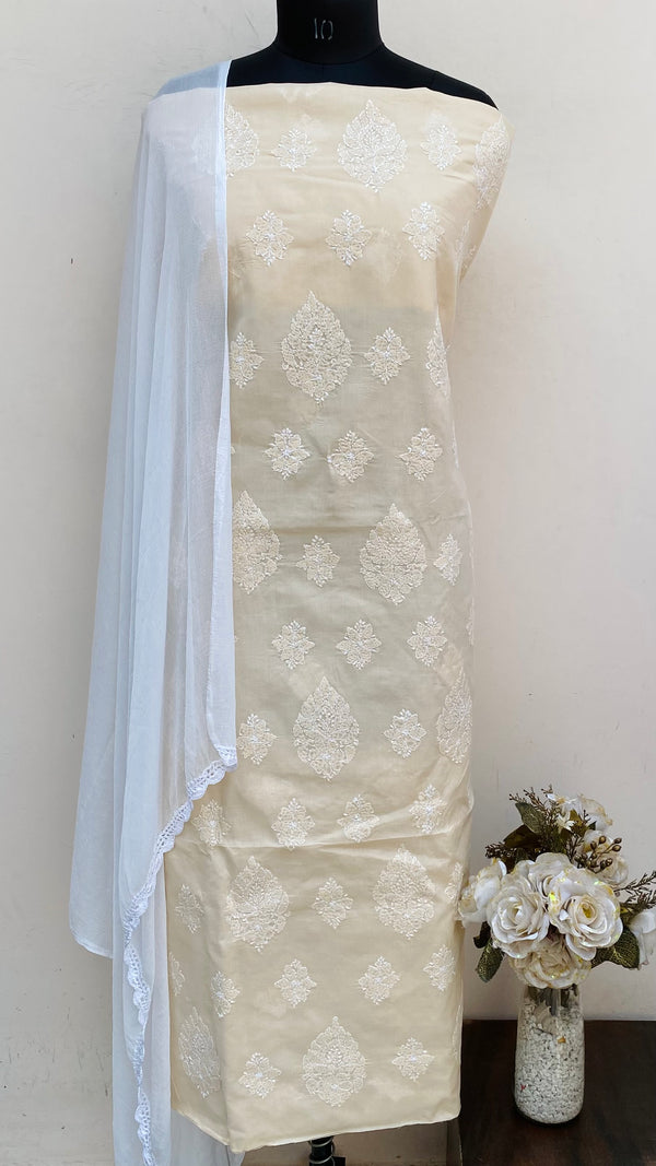 Lucknowi Chikankari Suit Length 3 Piece Beige Cotton