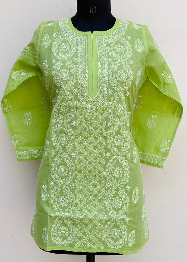 Lucknowi Chikankari Short Kurti Parrot Green Cotton