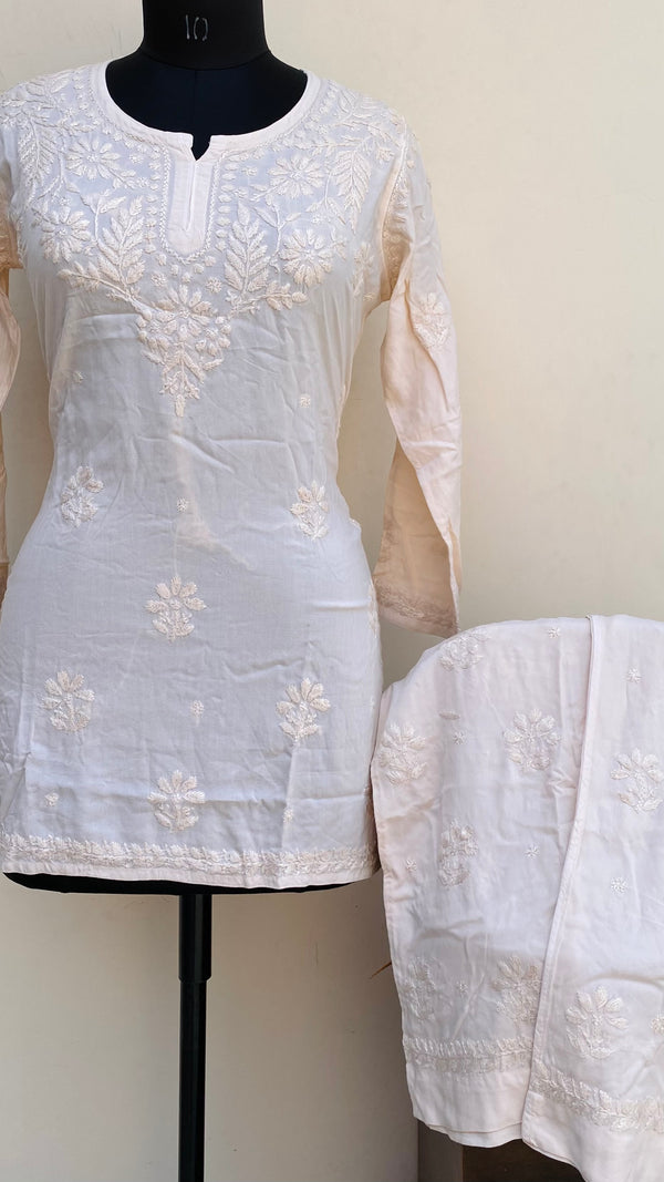 Lucknowi Chikankari Co-ord Set Cream Modal Cotton With Self Work