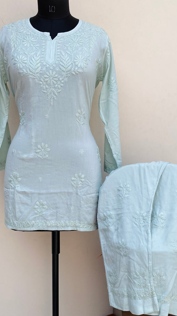 Lucknowi Chikankari Co-ord Set Green Modal Cotton With Self Work