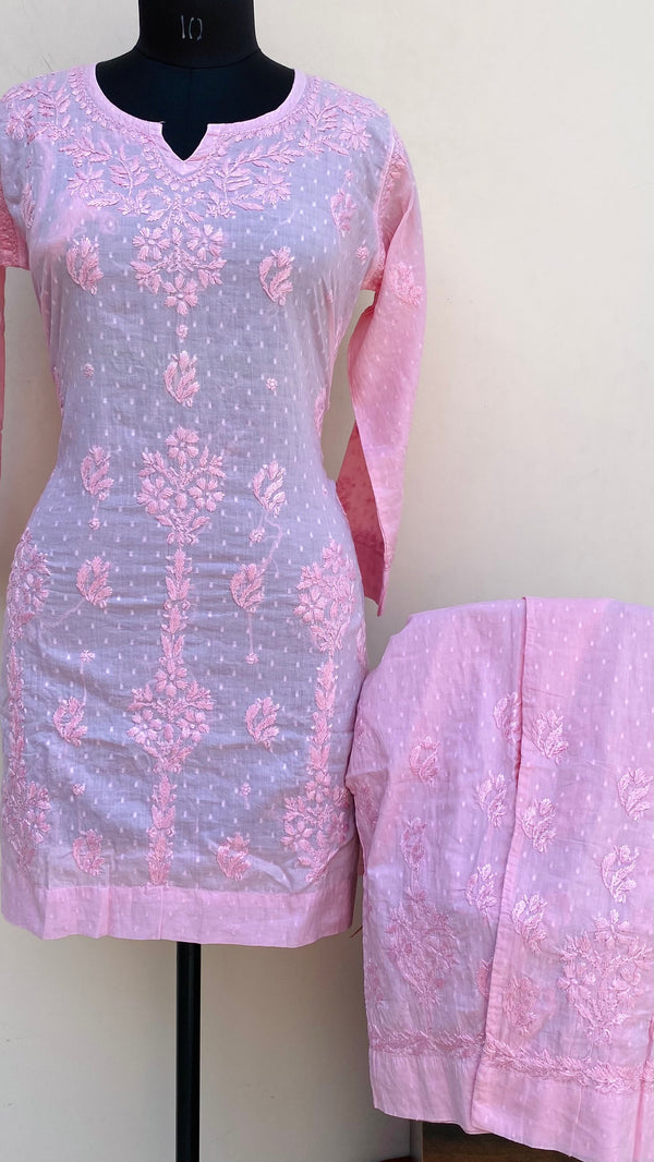 Lucknowi Chikankari Co-ord Set Pink Mulmul Cotton With Self Work