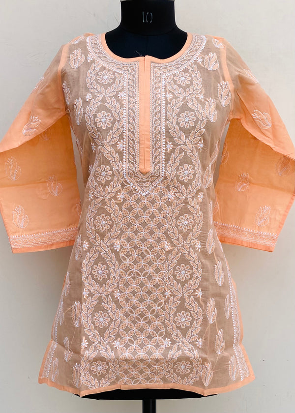 Lucknowi Chikankari Short Kurti Peach Cotton