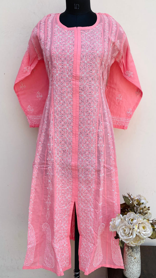 Lucknowi Chikankari Anarkali Kurti Pink Cotton