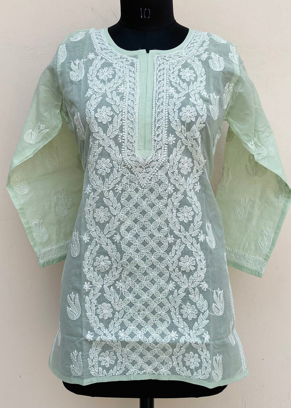 Lucknowi Chikankari Short Kurti Pista Green Cotton