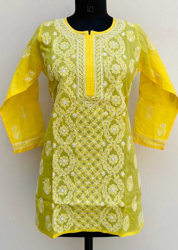Lucknowi Chikankari Short Kurti Yellow Cotton