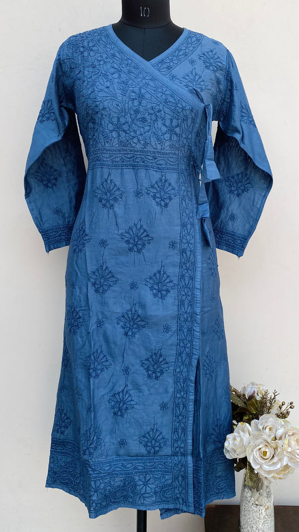 Lucknowi Chikankari Angrakha Kurti Navy Blue Mal Chanderi With Self Work