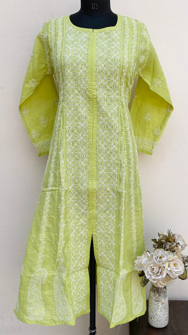 Lucknowi Chikankari Anarkali Kurti Parrot Green Cotton