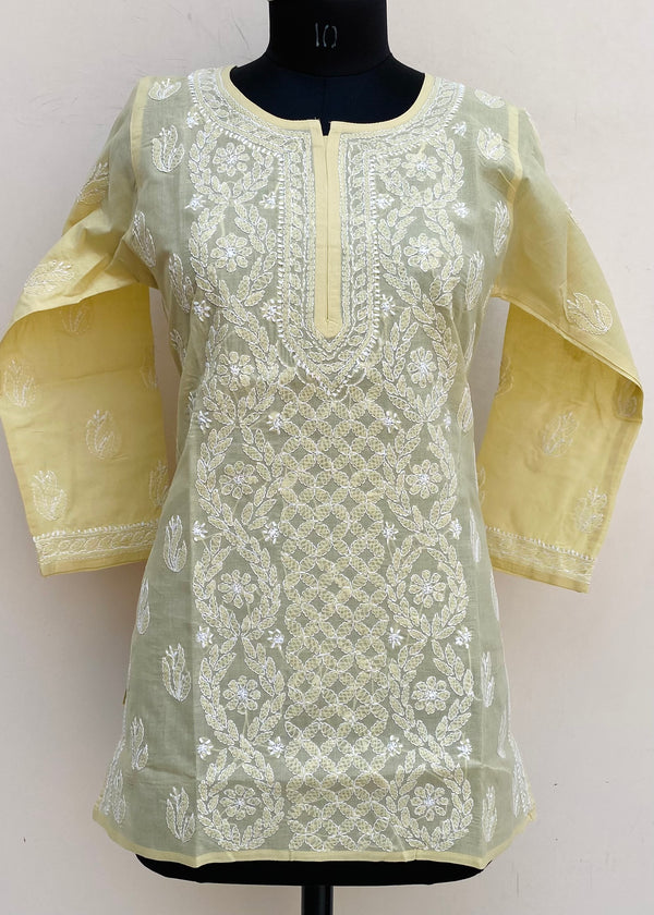 Lucknowi Chikankari Short Kurti Beige Cotton