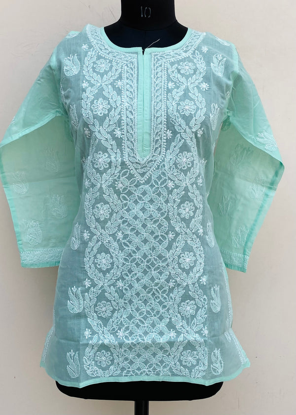 Lucknowi Chikankari Short Kurti Sea Green Cotton