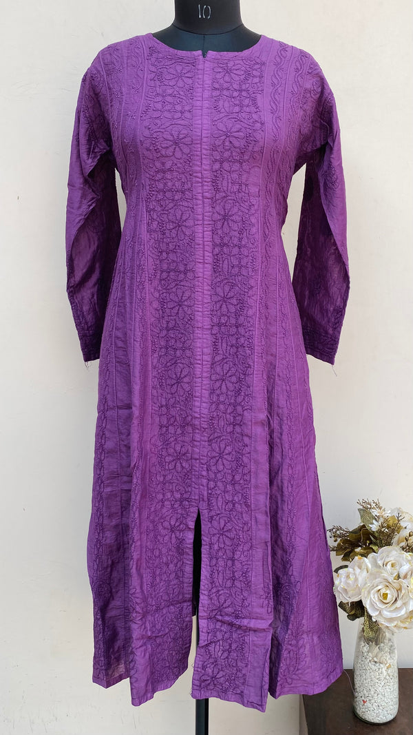 Lucknowi Chikankari Anarkali Kurti Purple Mal Chanderi With Self Work