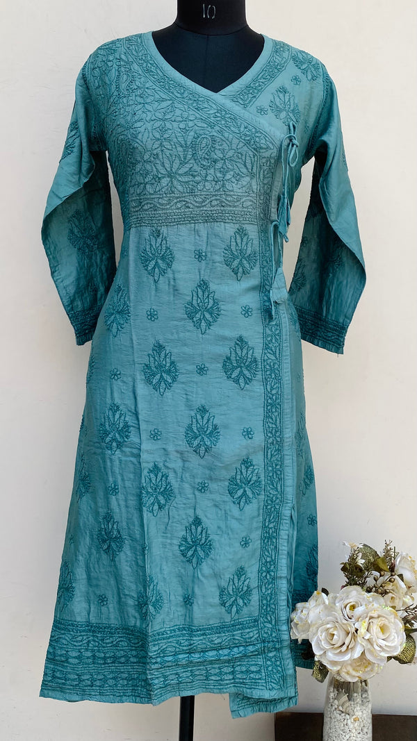 Lucknowi Chikankari Angrakha Kurti Green Mal Chanderi With Self Work