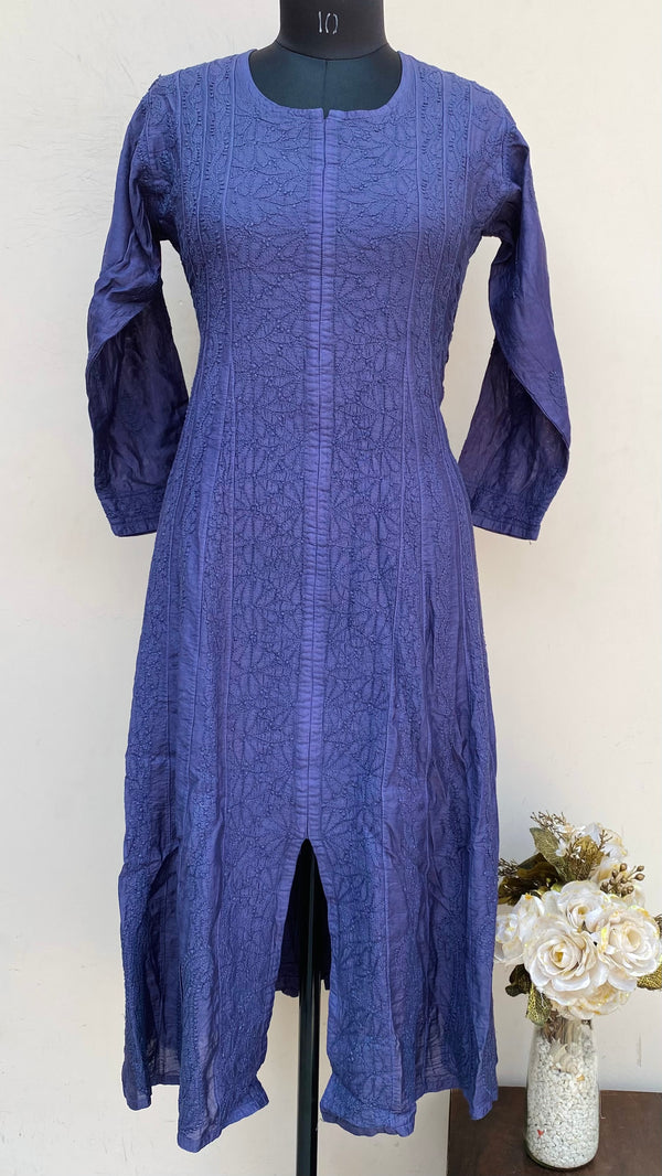 Lucknowi Chikankari Anarkali Kurti Navy Blue Mal Chanderi With Self Work