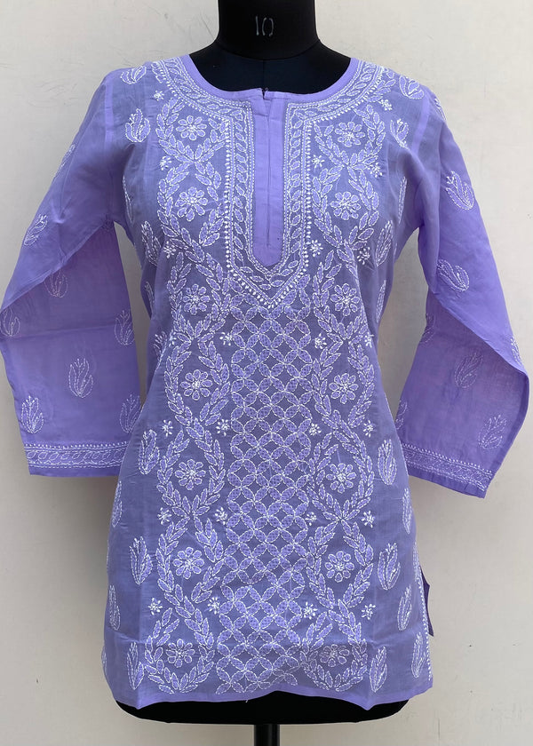 Lucknowi Chikankari Short Kurti Purple Cotton