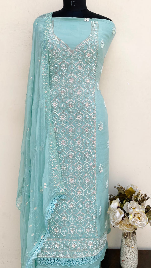 Designer Embroidered Suit Length 3 Piece Blue Organza With Cutdana & Sequence Work