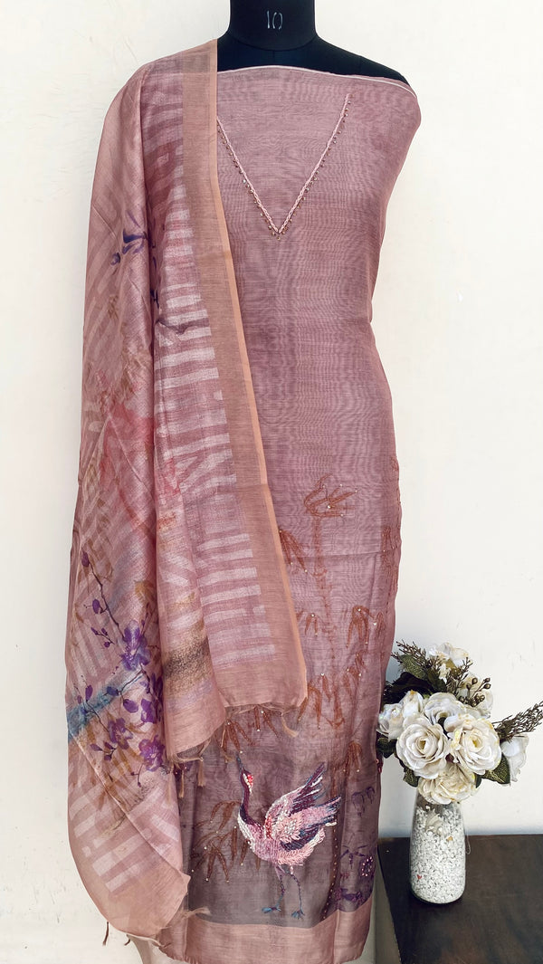 Designer Embroidered Suit Length 3 Piece Brown Linen With Sequence Work