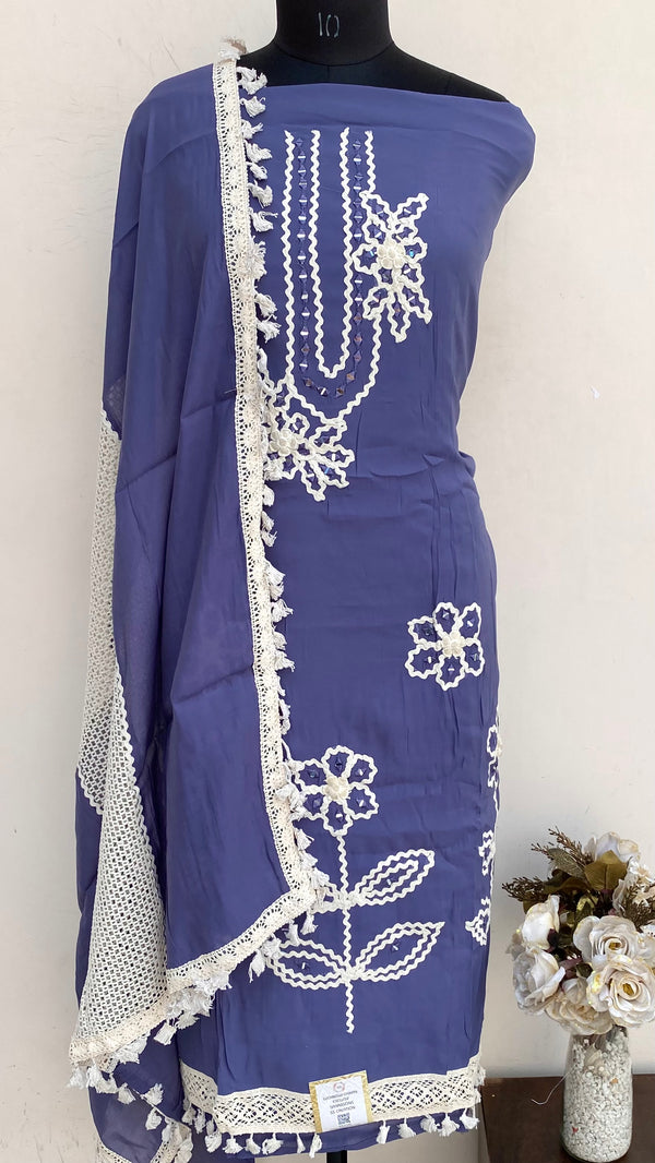 Designer Embroidered Suit Length 3 Piece Navy Blue Mal Chanderi With Mirror Work