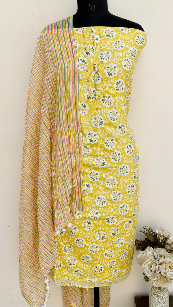 Designer Embroidered Suit Length 3 Piece Yellow Mal Cotton With Pearl & Cutdana Work