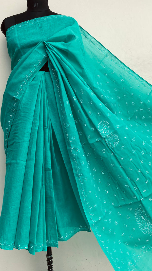 Lucknowi Chikankari Saree Green Cotton