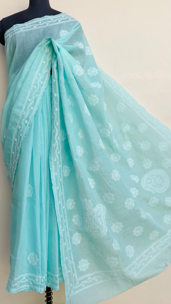 Lucknowi Chikankari Saree Green Cotton