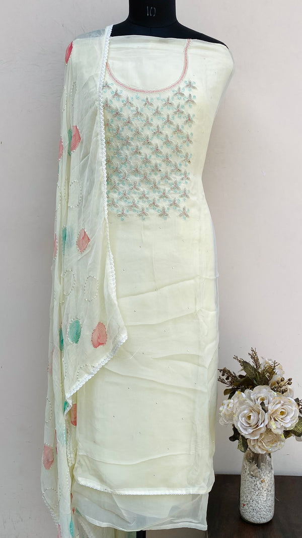 Designer Embroidered Suit Length 3 Piece Cream Organza With Cutdana & Stone Work