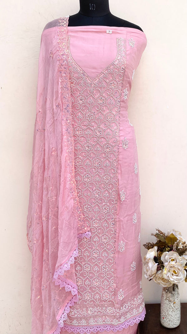 Designer Embroidered Suit Length 3 Piece Pink Organza With Cutdana & Sequence Work