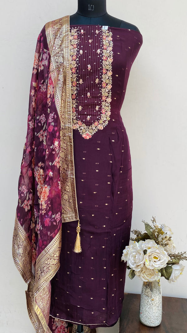 Designer Embroidered Suit Length 3 Piece Wine Organza With Pearl ,Sequence & Stone Work
