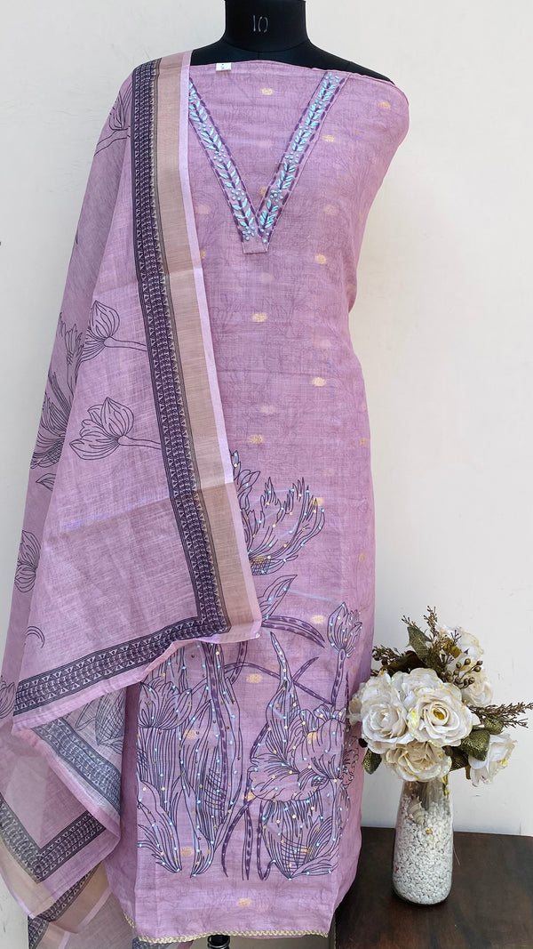 Designer Embroidered Suit Length 3 Piece Purple Linen With Sequence Work