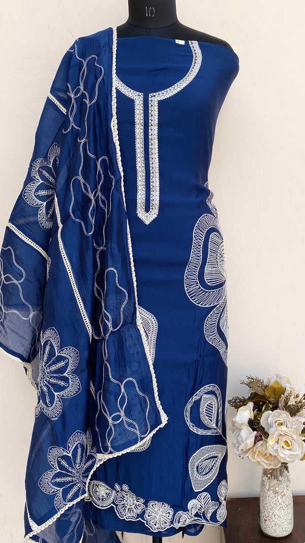 Designer Embroidered Suit Length 3 Piece Navy Blue Mal Chanderi With Sequence Work