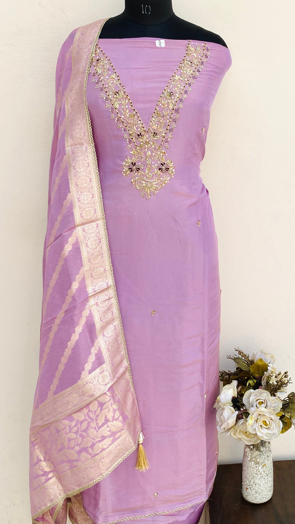 Designer Embroidered Suit Length 3 Piece Pink Mal Chanderi With Sequence & Pearl Work