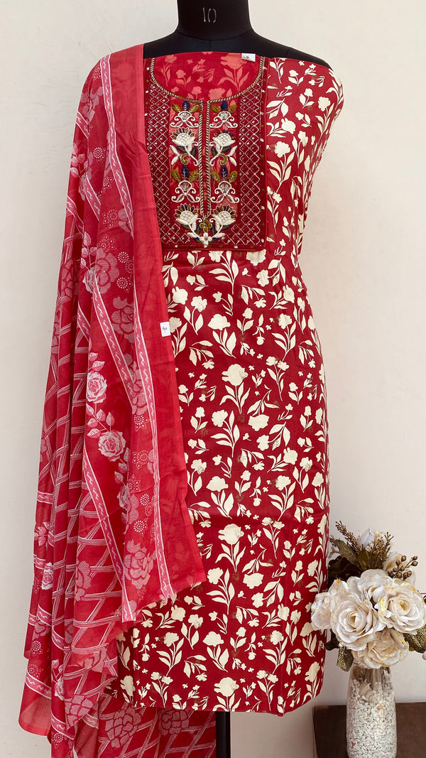 Designer Embroidered Suit Length 3 Piece Maroon Mal Cotton With Sequence Work