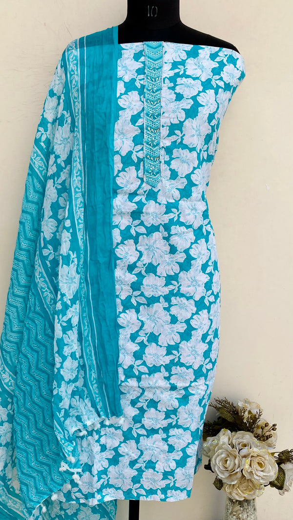 Designer Embroidered Suit Length 3 Piece Blue Mal Cotton With Sequence, Pearl & Cutdana Work