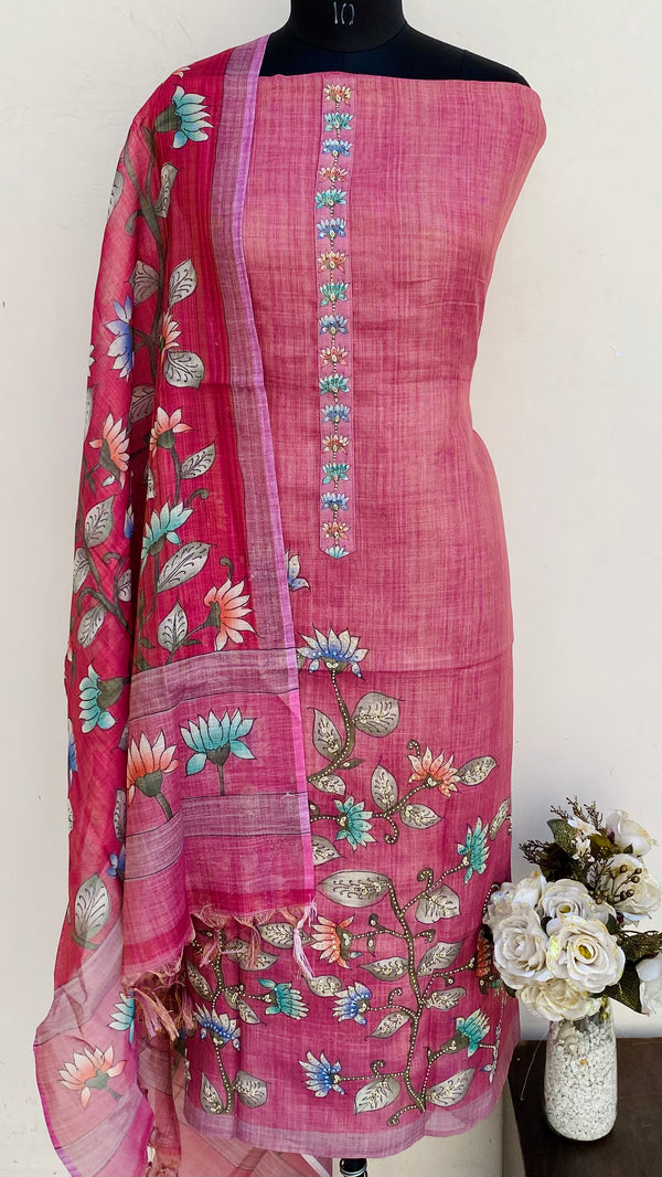 Designer Embroidered Suit Length 3 Piece Pink Tissue With Sequence, Pearl & Cutdana Work