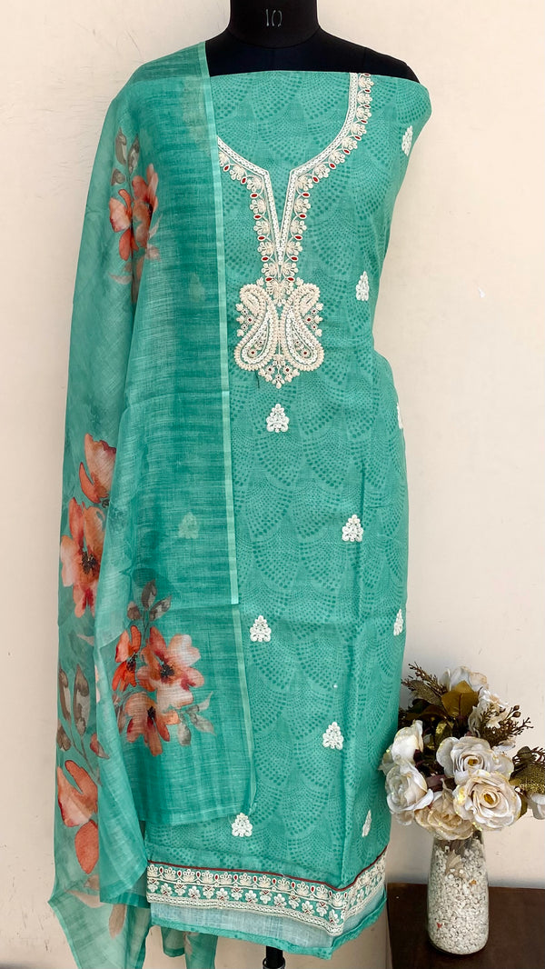 Designer Embroidered Suit Length 3 Piece Green Linen With Sequence Work