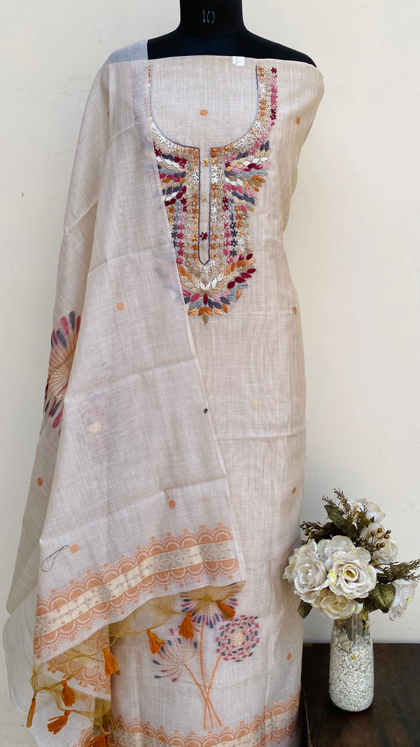 Designer Embroidered Suit Length 3 Piece Beige Linen With Sequence Work