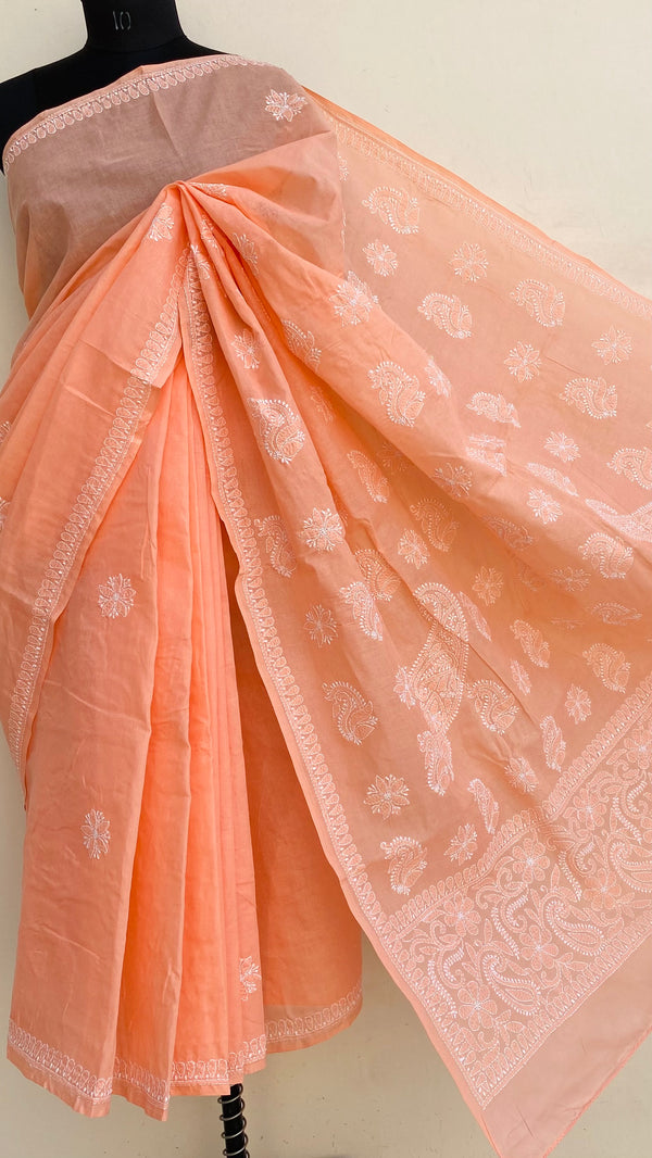 Lucknowi Chikankari Saree Peach Cotton