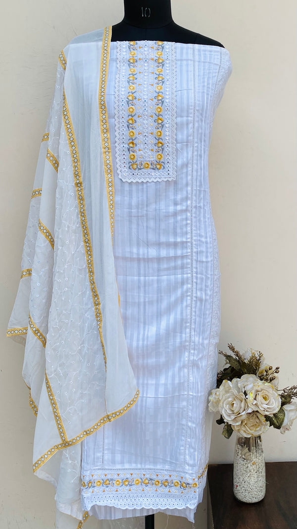 Designer Embroidered Suit Length 3 Piece White Mal Cotton