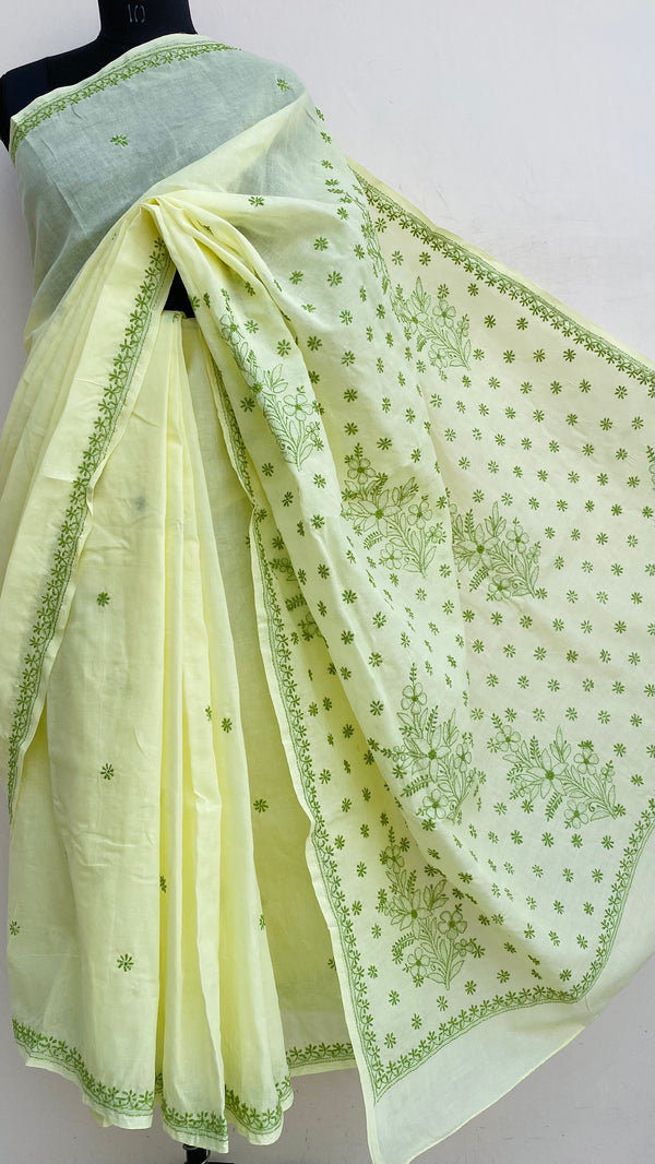 Lucknowi Chikankari Saree Lemon Yellow Cotton